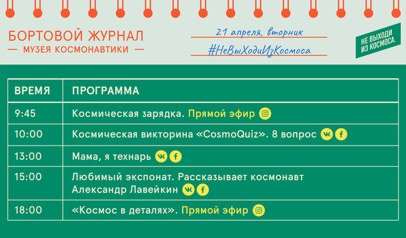 Бортовой журнал онлайн-мероприятий Музея космонавтики на 21 апреля.