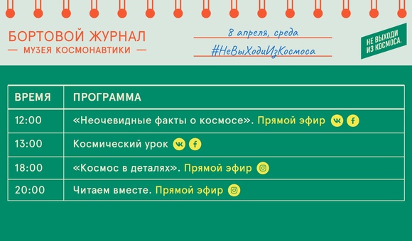 Бортовой журнал онлайн-мероприятий Музея космонавтики на 8 апреля.