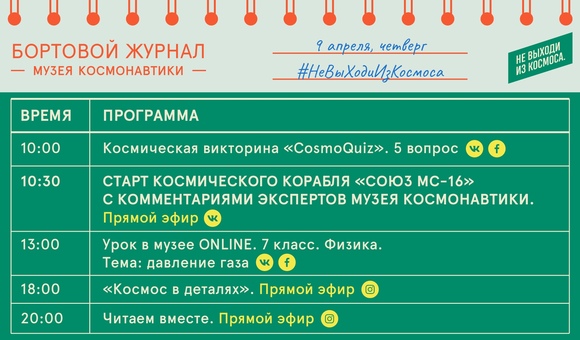 Бортовой журнал онлайн-мероприятий Музея космонавтики на 9 апреля.