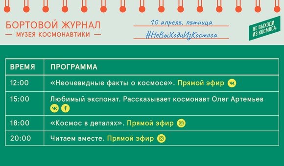 Бортовой журнал онлайн-мероприятий Музея космонавтики на 10 апреля.