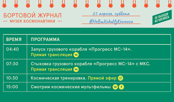 Бортовой журнал онлайн-мероприятий Музея космонавтики на 25 апреля.